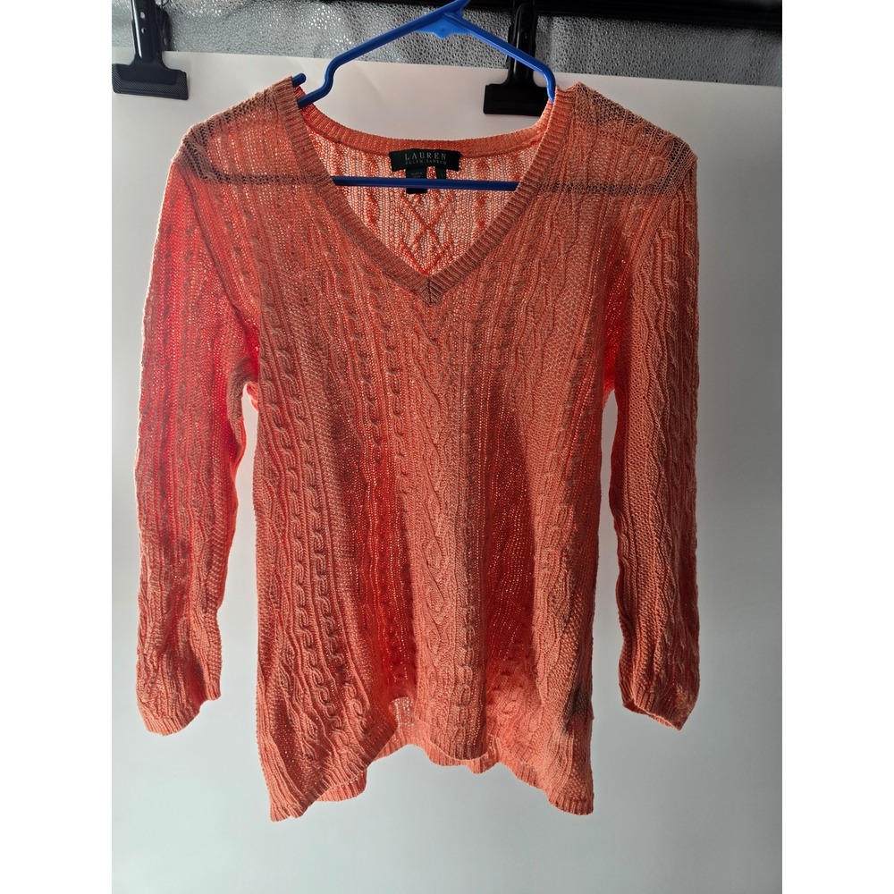 Lauren Ralph Lauren Womens Coral Orange 100% Linen Cable Knit V-Neck Sweater S‎